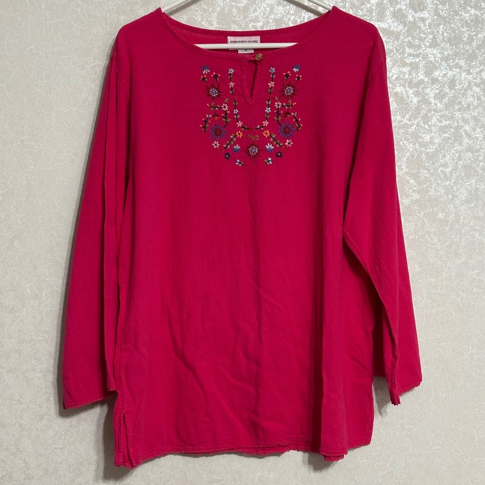 Embroidered Designs Floral‎ Ethnic Handcrafted Cotton Boho Top Pink Fushia XL